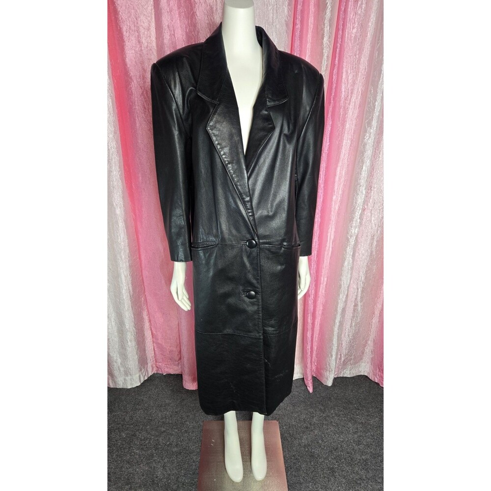 LA Studio Vintage Black Leather 80s Retro Mob Boss Trench Coat Size Small